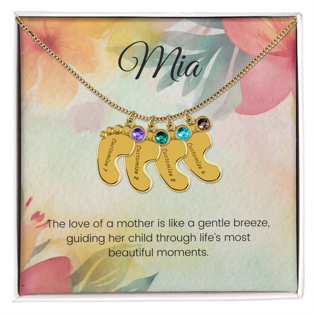 Engraved Baby Feet Necklace with Birthstone – A Mother's Love: Like a Gentle Breeze Guiding Her Child | Ideal Gift for New Moms