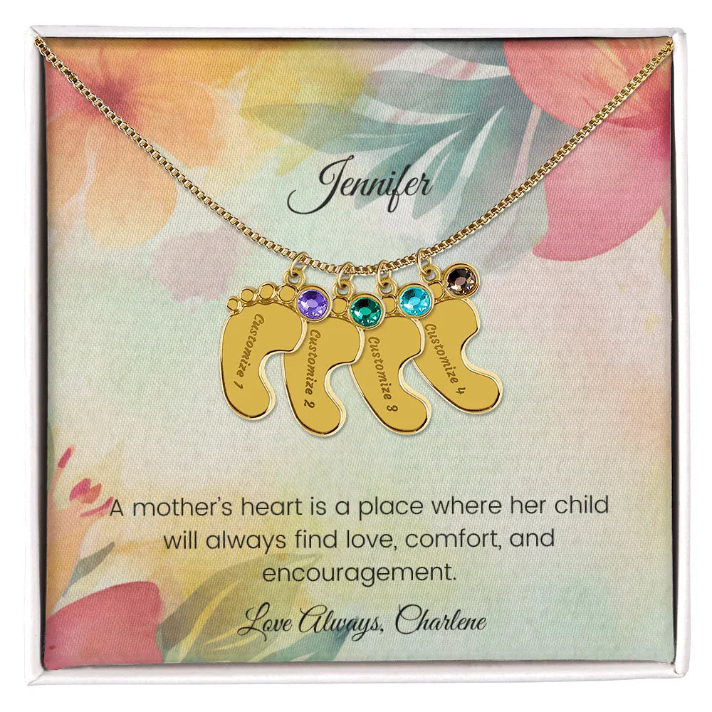A Mother's Heart Is a Place - Engraved Baby Feet Necklace with Birthstone