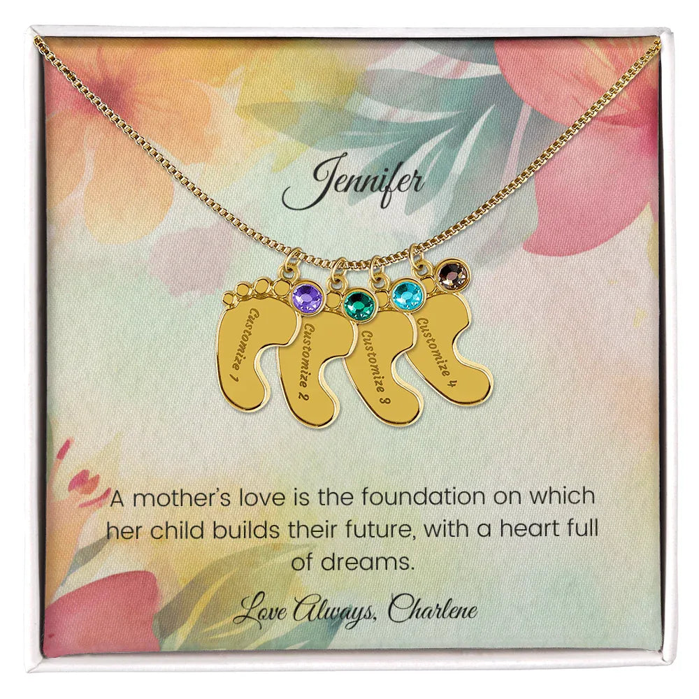 A Mother's Love Is the Foundation - Engraved Baby Feet Necklace with Birthstone