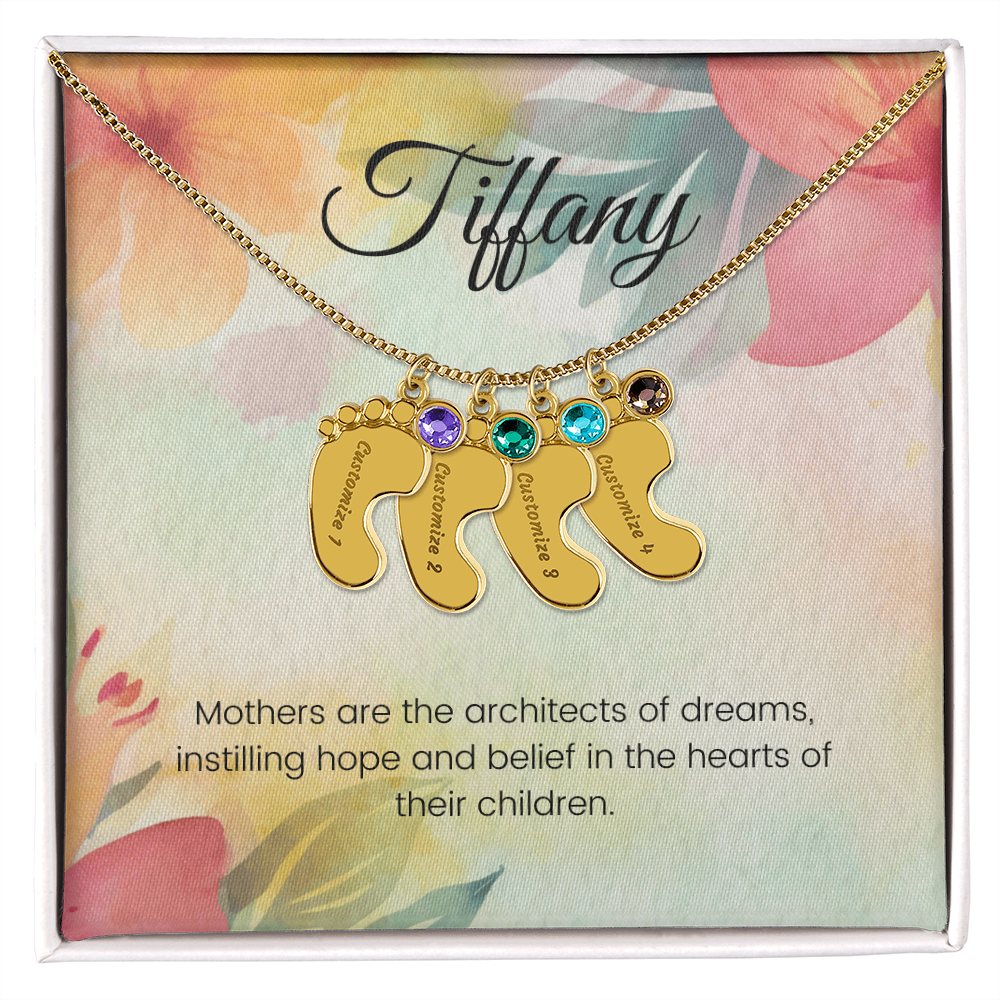Engraved Baby Feet Necklace with Birthstone – Architects of Dreams: Love, Hope & Belief | Ideal Gift for Moms & New Moms