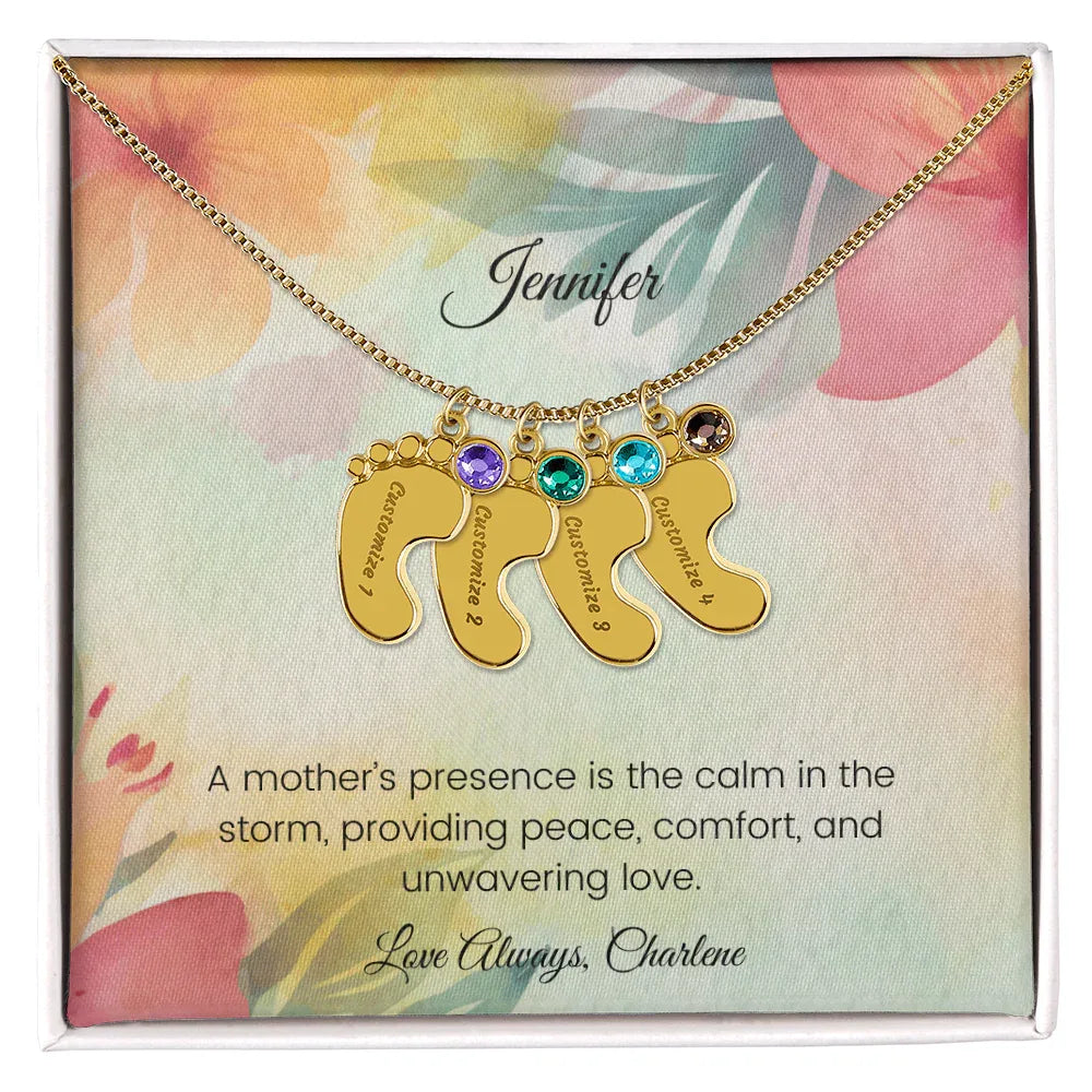 A Mother's Presence Is the Calm in the Storm - Engraved Baby Feet Necklace with Birthstone