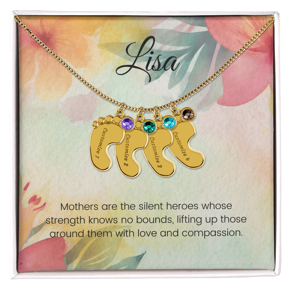 Engraved Baby Feet Necklace with Birthstone – Silent Heroes: A Mother's Strength, Love & Compassion | Ideal Gift for New Moms