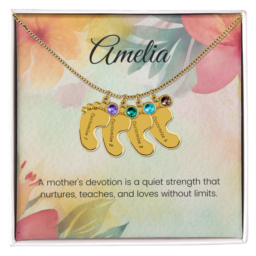 Engraved Baby Feet Necklace with Birthstone – A Mother's Quiet Strength, Nurturing & Loving | Perfect Gift for New Moms