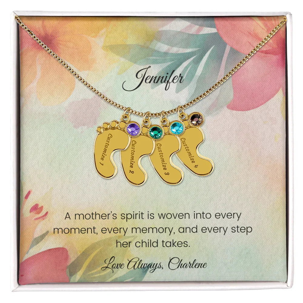 A Mother's Spirit Is Woven into Every Moment - Engraved Baby Feet Necklace with Birthstone