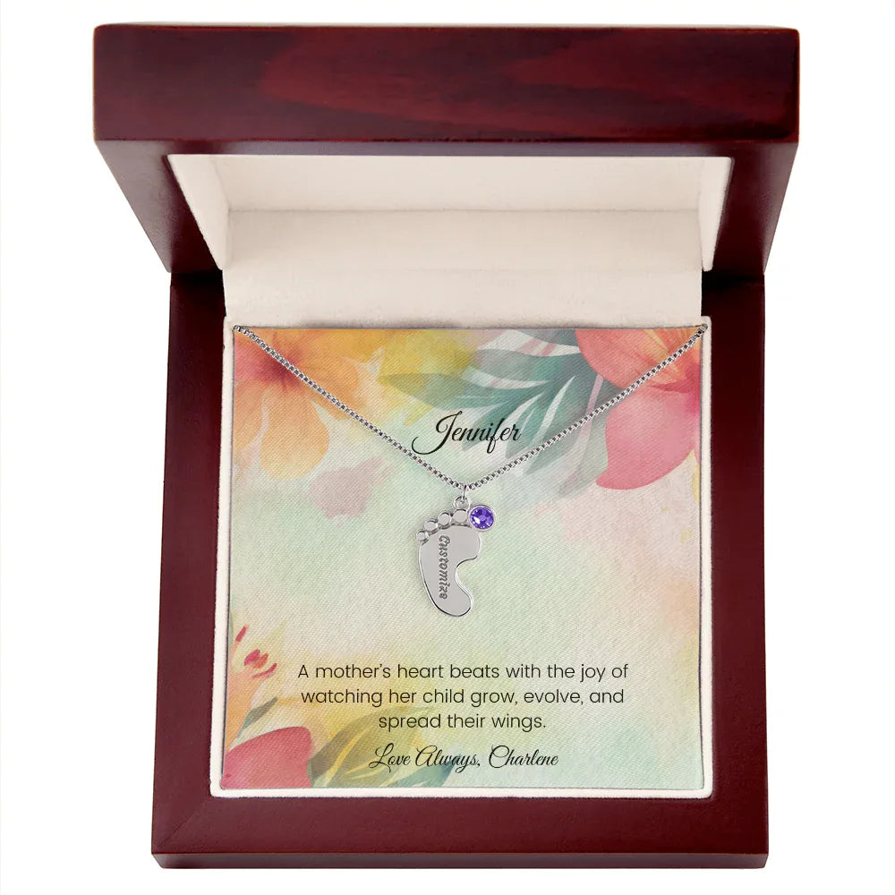 A Mother's Heart Beats with the Joy - Engraved Baby Feet Necklace with Birthstone