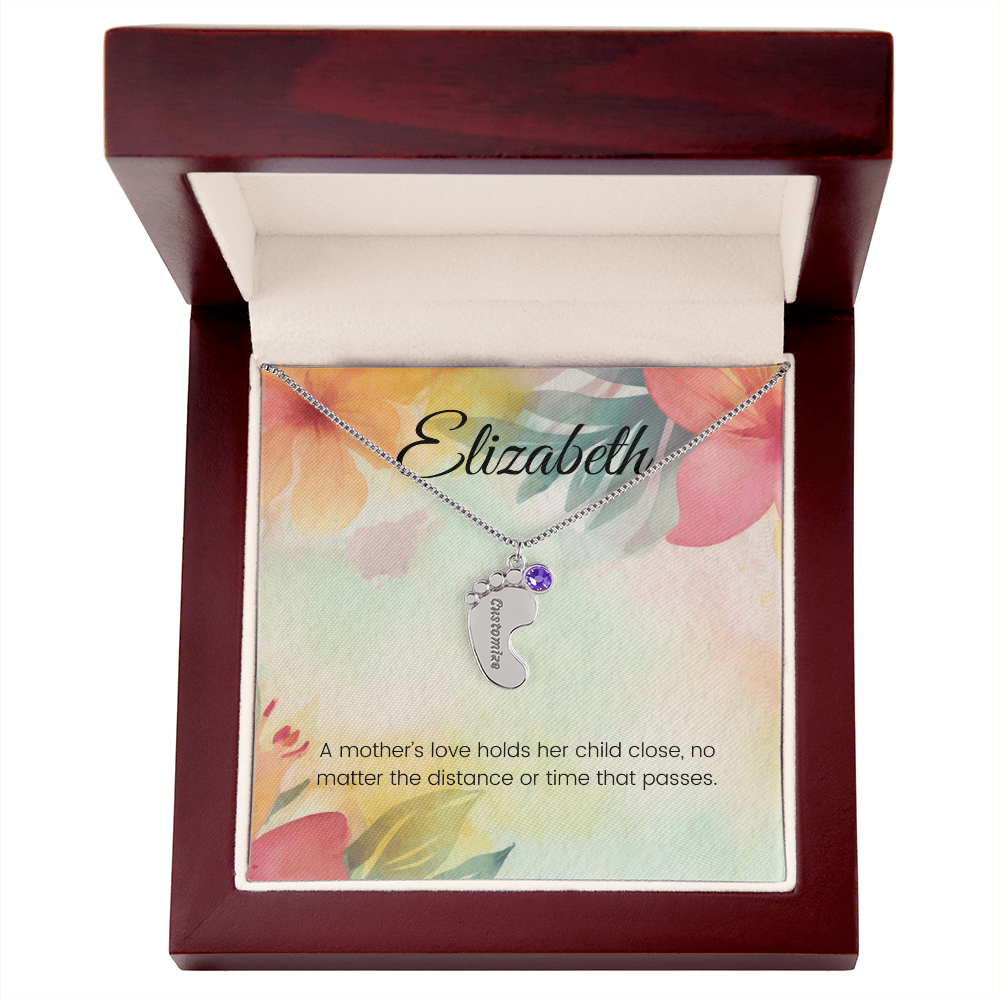 Engraved Baby Feet Necklace with Birthstone – A Mother's Love Holds Her Child Close, Always | Perfect Gift for New Moms
