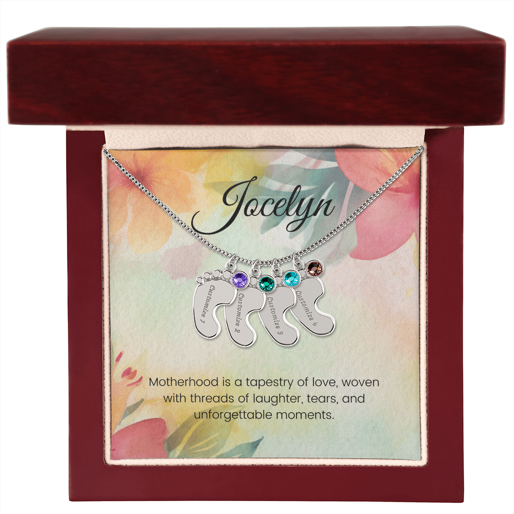 Engraved Baby Feet Necklace with Birthstone – Motherhood: A Tapestry of Love, Laughter & Unforgettable Moments | Gift for Moms