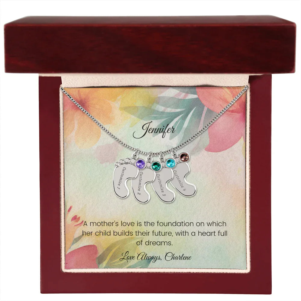 A Mother's Love Is the Foundation - Engraved Baby Feet Necklace with Birthstone