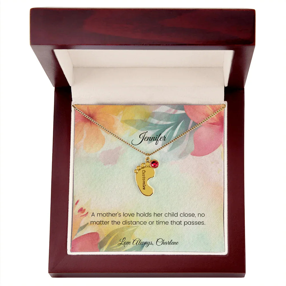 A Mother's Love Holds Her Child Close - Engraved Baby Feet Necklace with Birthstone