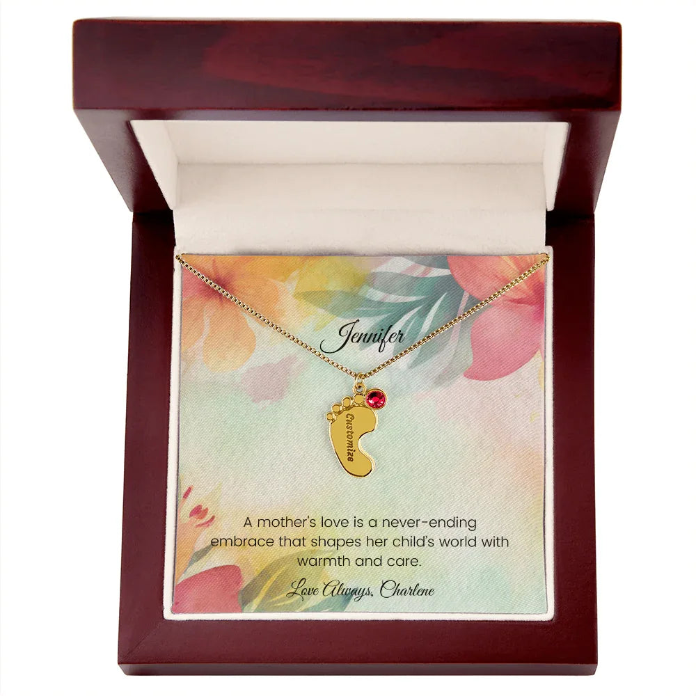 A Mother's Love Is a Never-Ending Embrace - Engraved Baby Feet Necklace with Birthstone