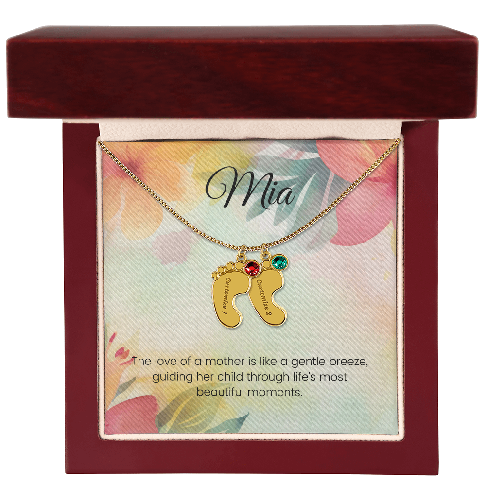 Engraved Baby Feet Necklace with Birthstone – A Mother's Love: Like a Gentle Breeze Guiding Her Child | Ideal Gift for New Moms