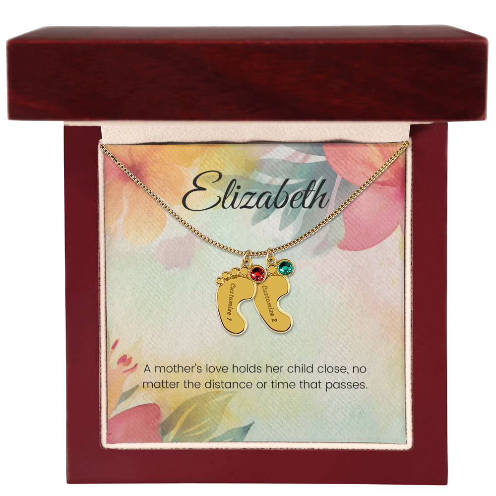 Engraved Baby Feet Necklace with Birthstone – A Mother's Love Holds Her Child Close, Always | Perfect Gift for New Moms