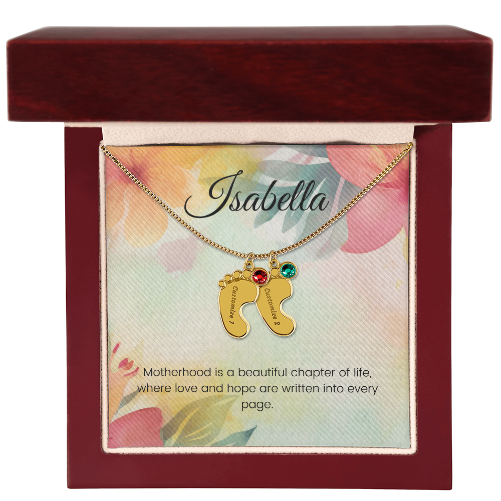 Engraved Baby Feet Necklace with Birthstone – Motherhood: A Beautiful Chapter of Love & Hope | Gift for New Moms