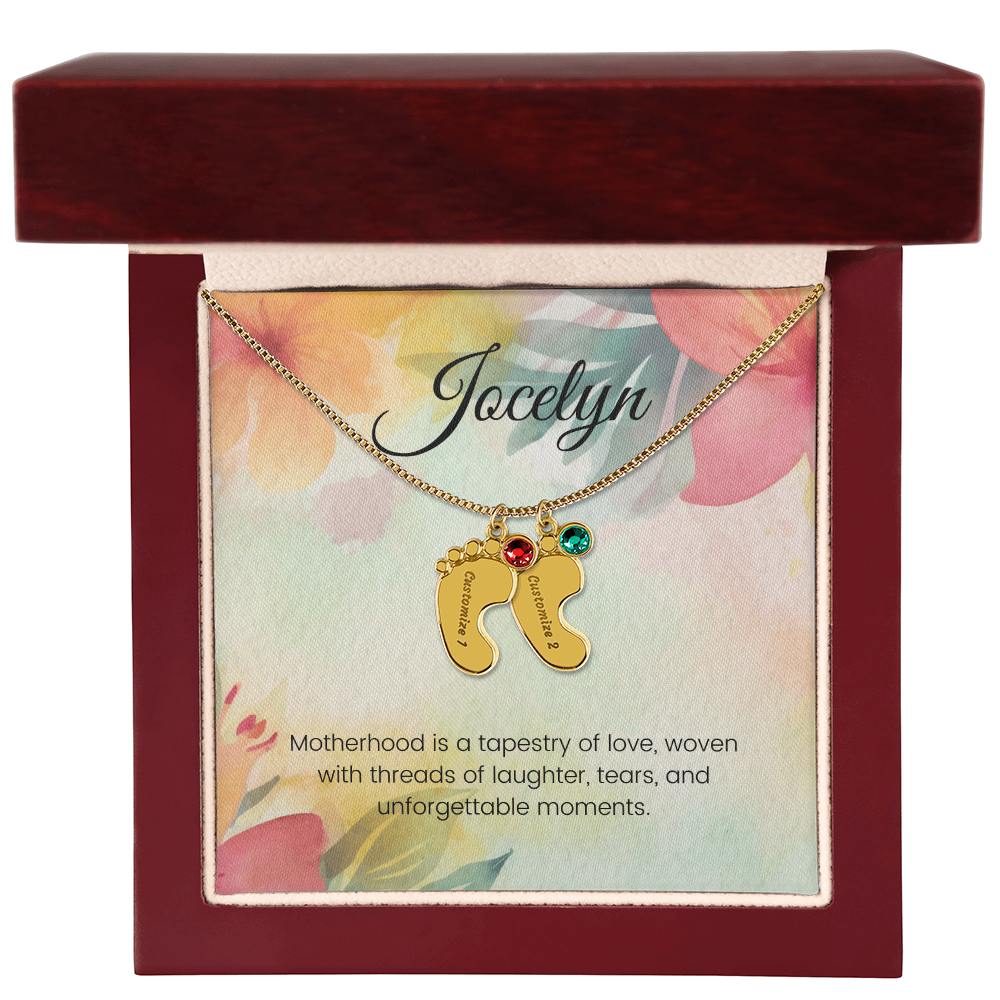Engraved Baby Feet Necklace with Birthstone – Motherhood: A Tapestry of Love, Laughter & Unforgettable Moments | Gift for Moms