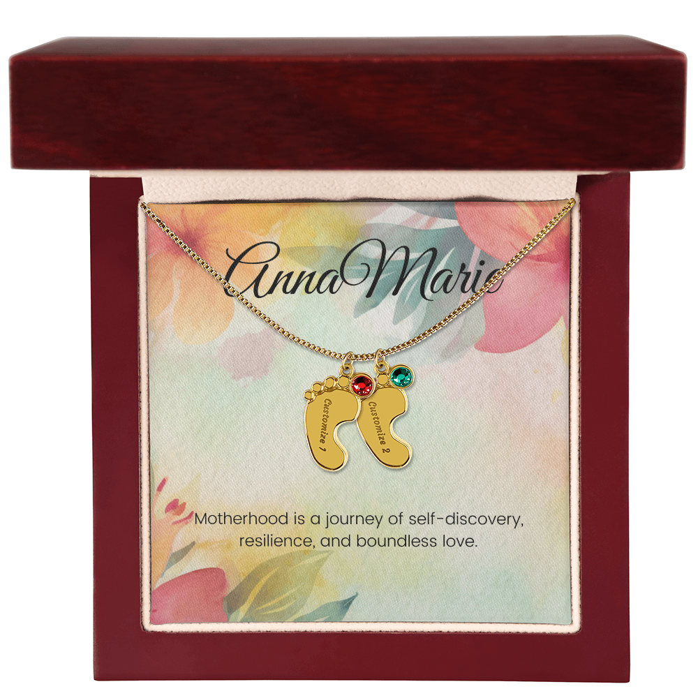 Engraved Baby Feet Necklace with Birthstone – Journey of Self-Discovery & Boundless Love | Gift for New Moms