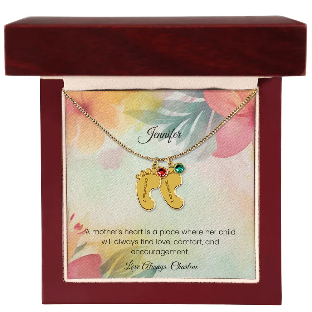 A Mother's Heart Is a Place - Engraved Baby Feet Necklace with Birthstone