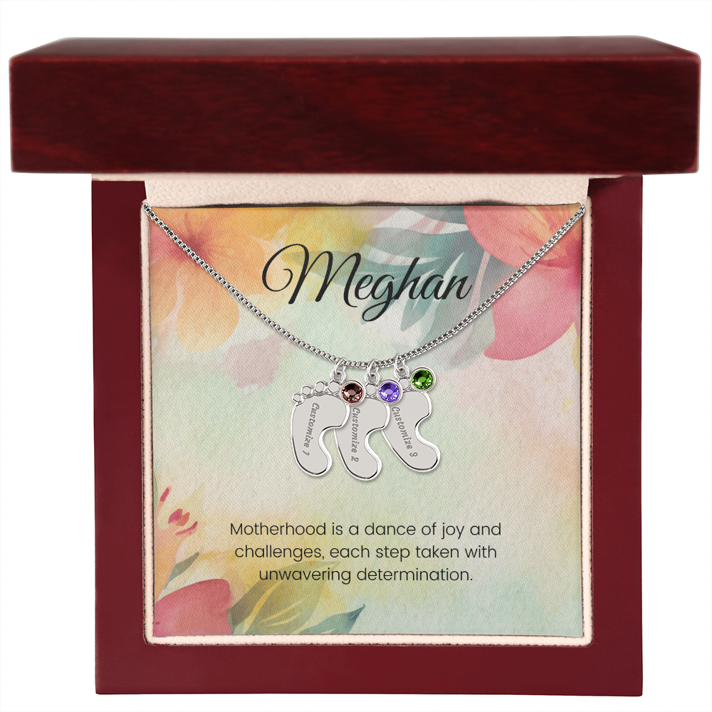 Engraved Baby Feet Necklace with Birthstone – Dance of Motherhood: Joy, Challenges & Unwavering Determination | Gift for New Moms