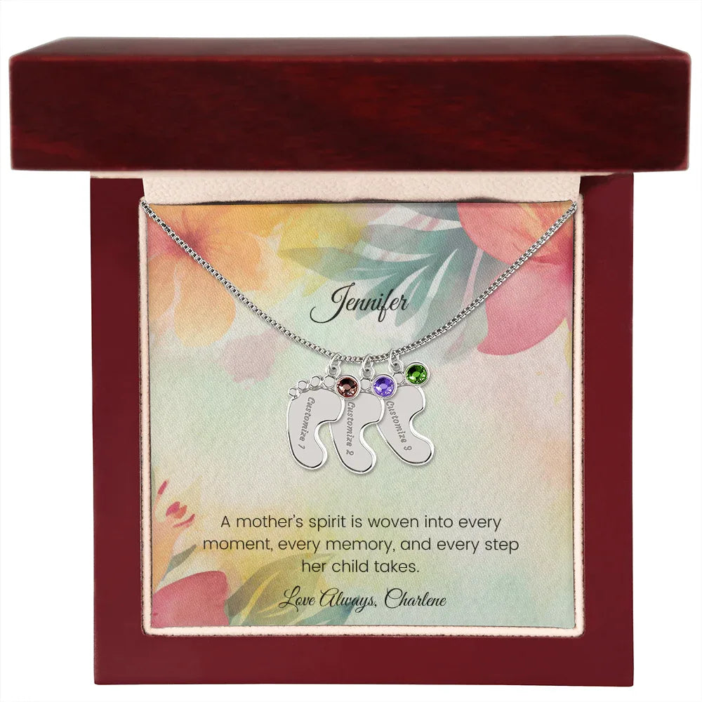 A Mother's Spirit Is Woven into Every Moment - Engraved Baby Feet Necklace with Birthstone