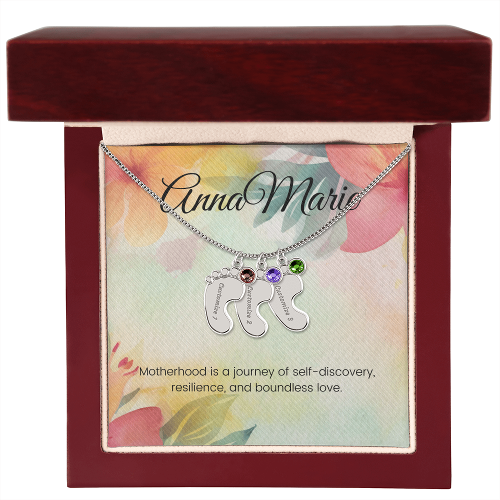 Engraved Baby Feet Necklace with Birthstone – Journey of Self-Discovery & Boundless Love | Gift for New Moms