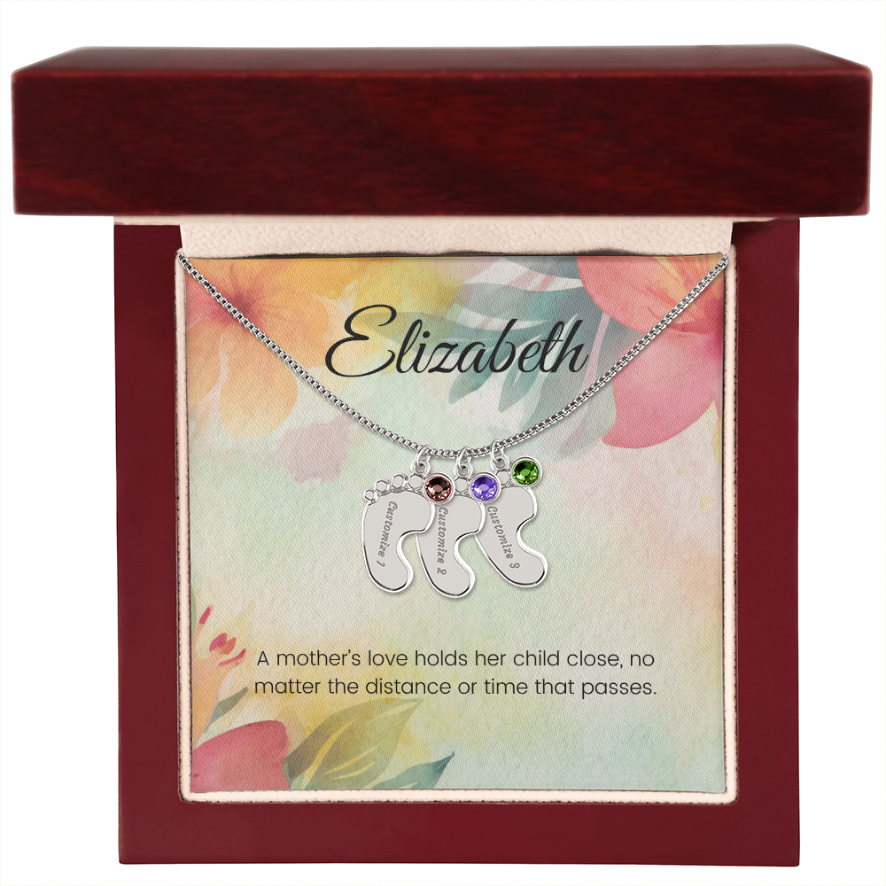 Engraved Baby Feet Necklace with Birthstone – A Mother's Love Holds Her Child Close, Always | Perfect Gift for New Moms