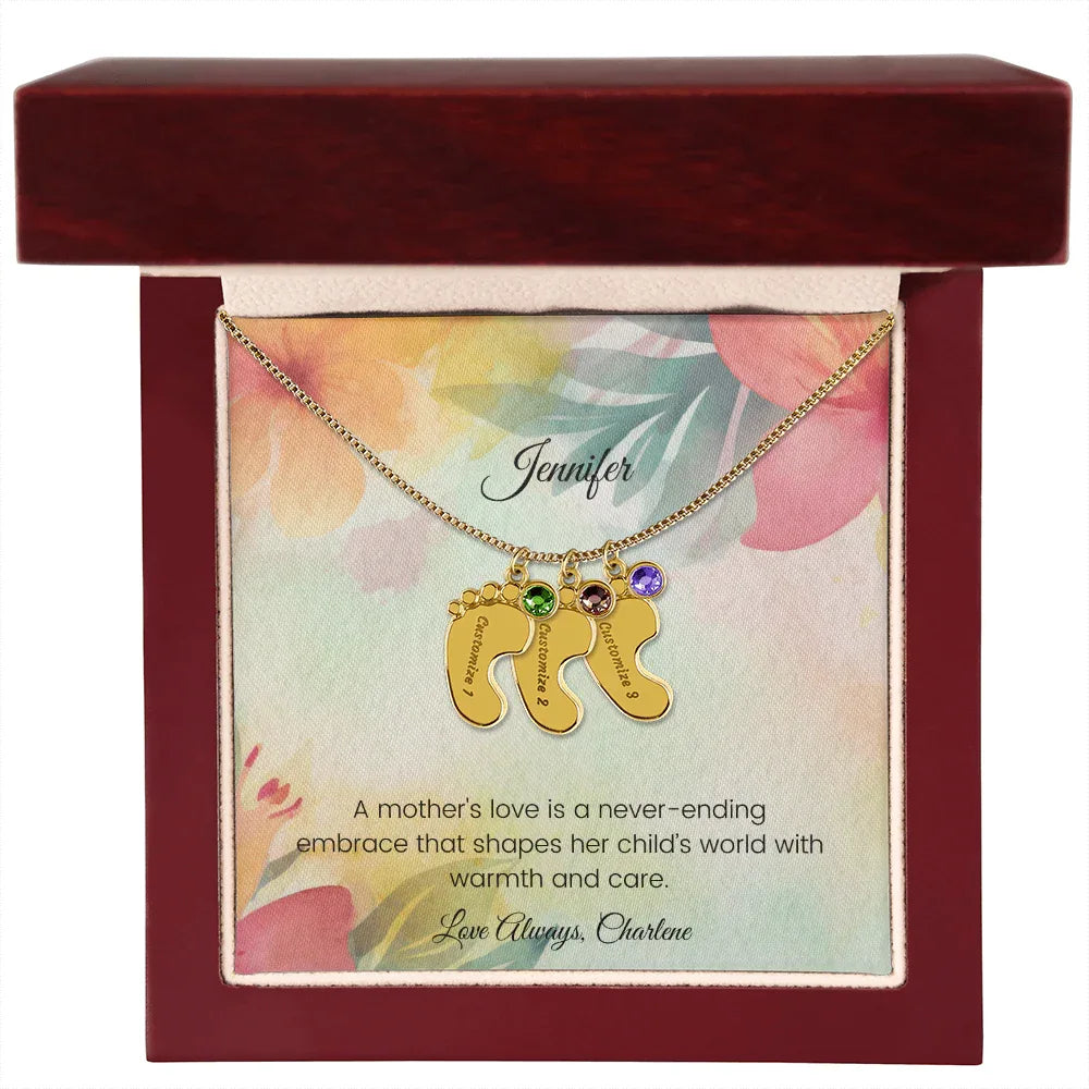 A Mother's Love Is a Never-Ending Embrace - Engraved Baby Feet Necklace with Birthstone