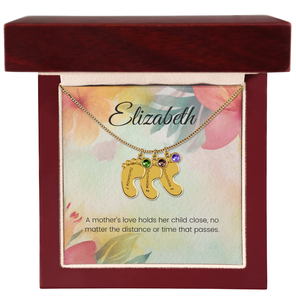 Engraved Baby Feet Necklace with Birthstone – A Mother's Love Holds Her Child Close, Always | Perfect Gift for New Moms