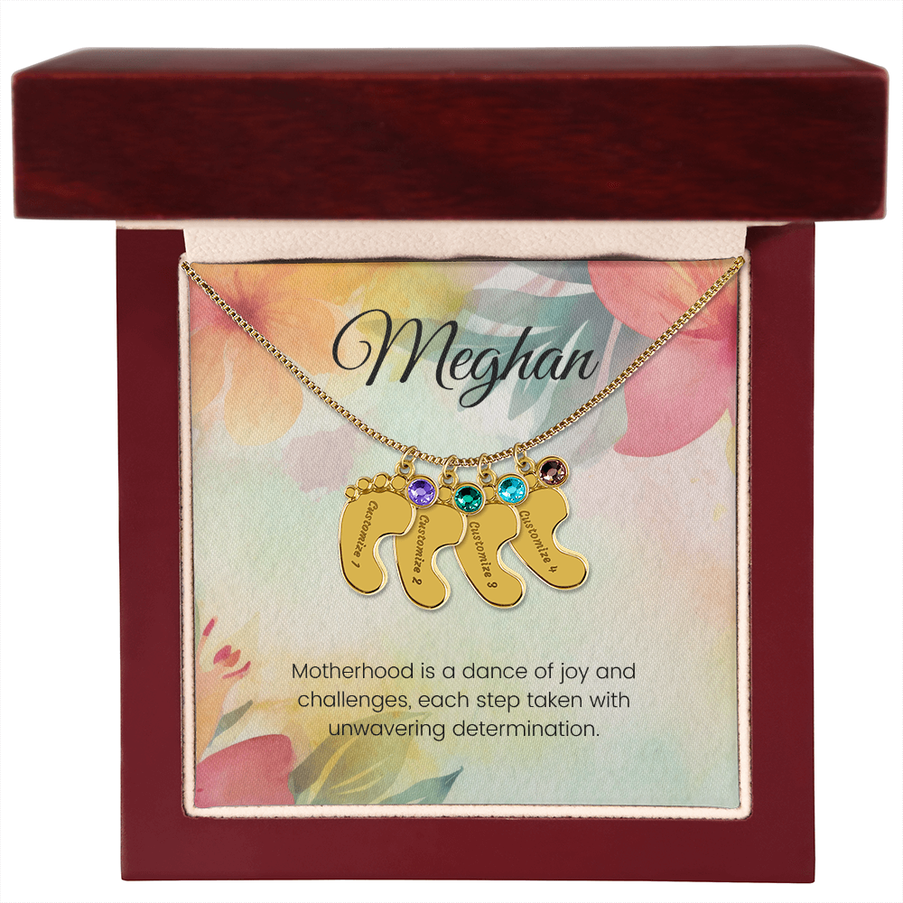 Engraved Baby Feet Necklace with Birthstone – Dance of Motherhood: Joy, Challenges & Unwavering Determination | Gift for New Moms
