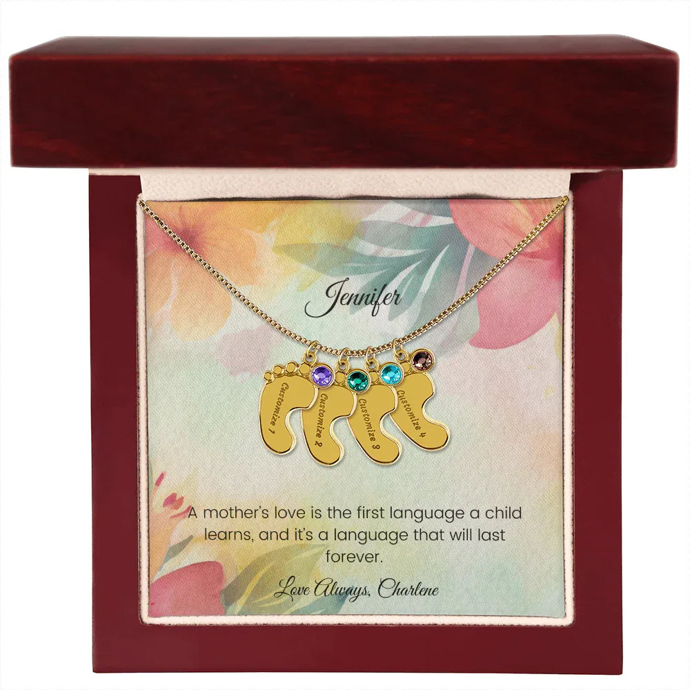 A Mother's Love Is the First Language - Engraved Baby Feet Necklace with Birthstone