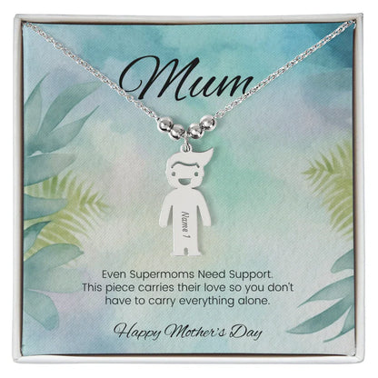 Even Supermoms Need Support - Engraved Kids Charm Necklace for Mom or Grandma