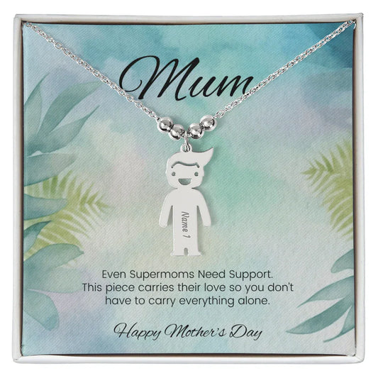 Even Supermoms Need Support - Engraved Kids Charm Necklace for Mom or Grandma
