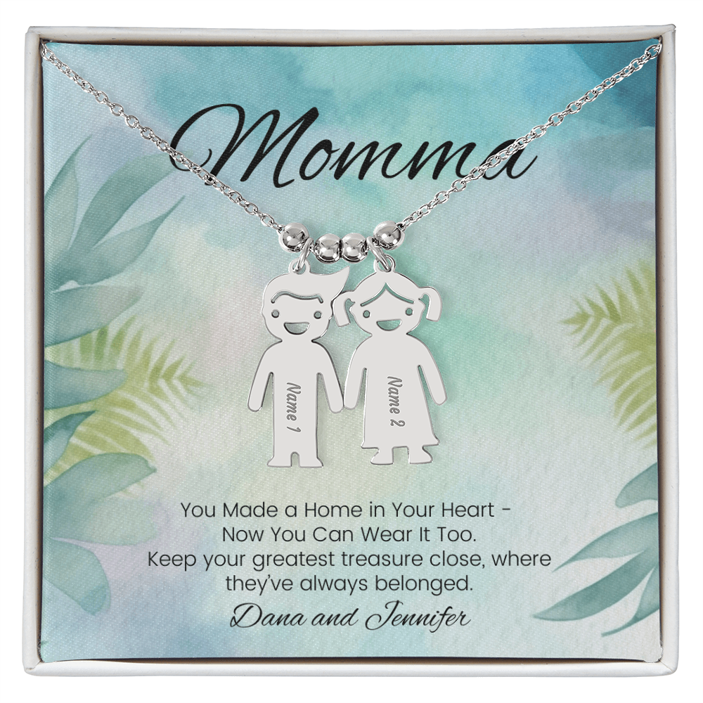 Custom necklace with kids’ names – engraved with message “You Made a Home in Your Heart”