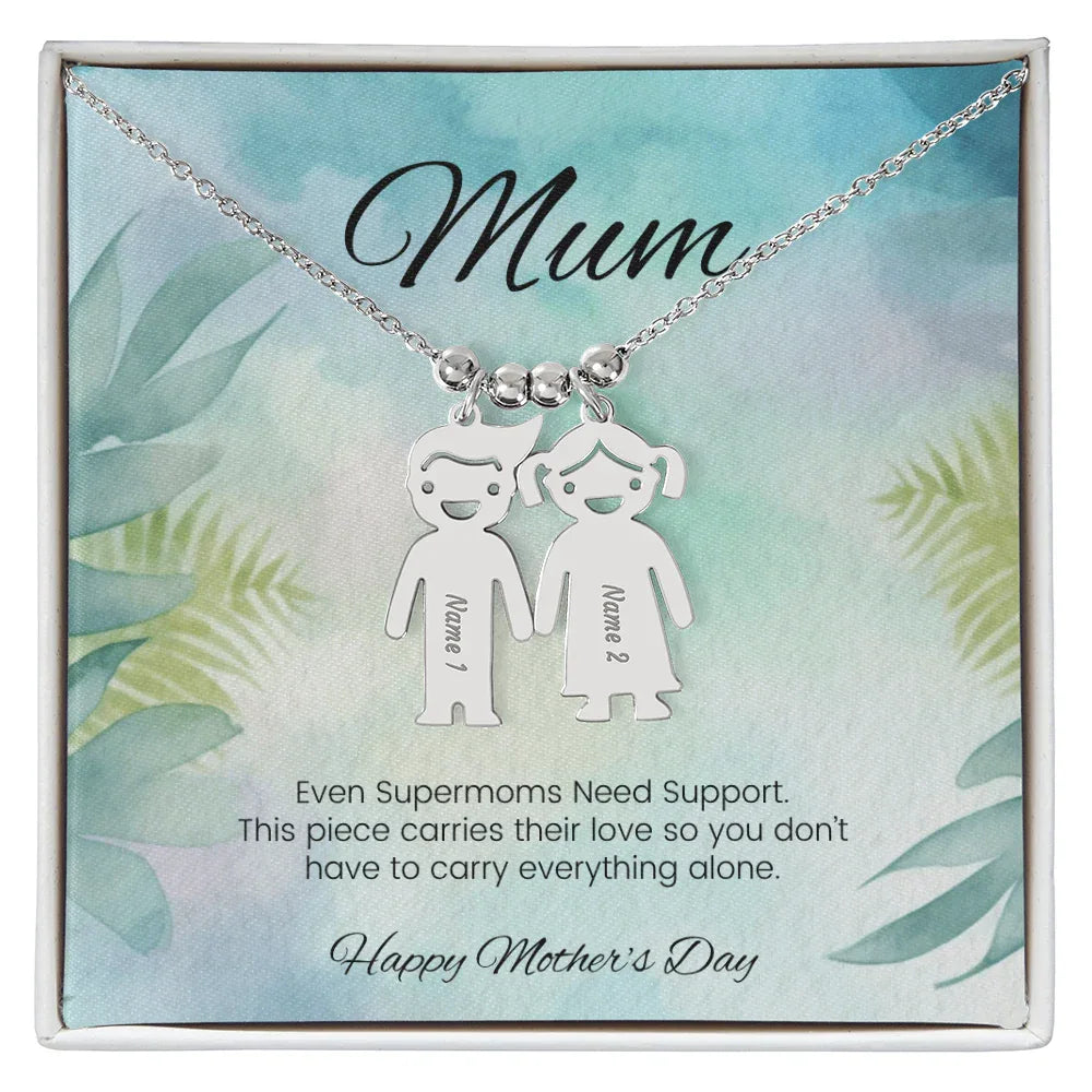 Even Supermoms Need Support - Engraved Kids Charm Necklace for Mom or Grandma