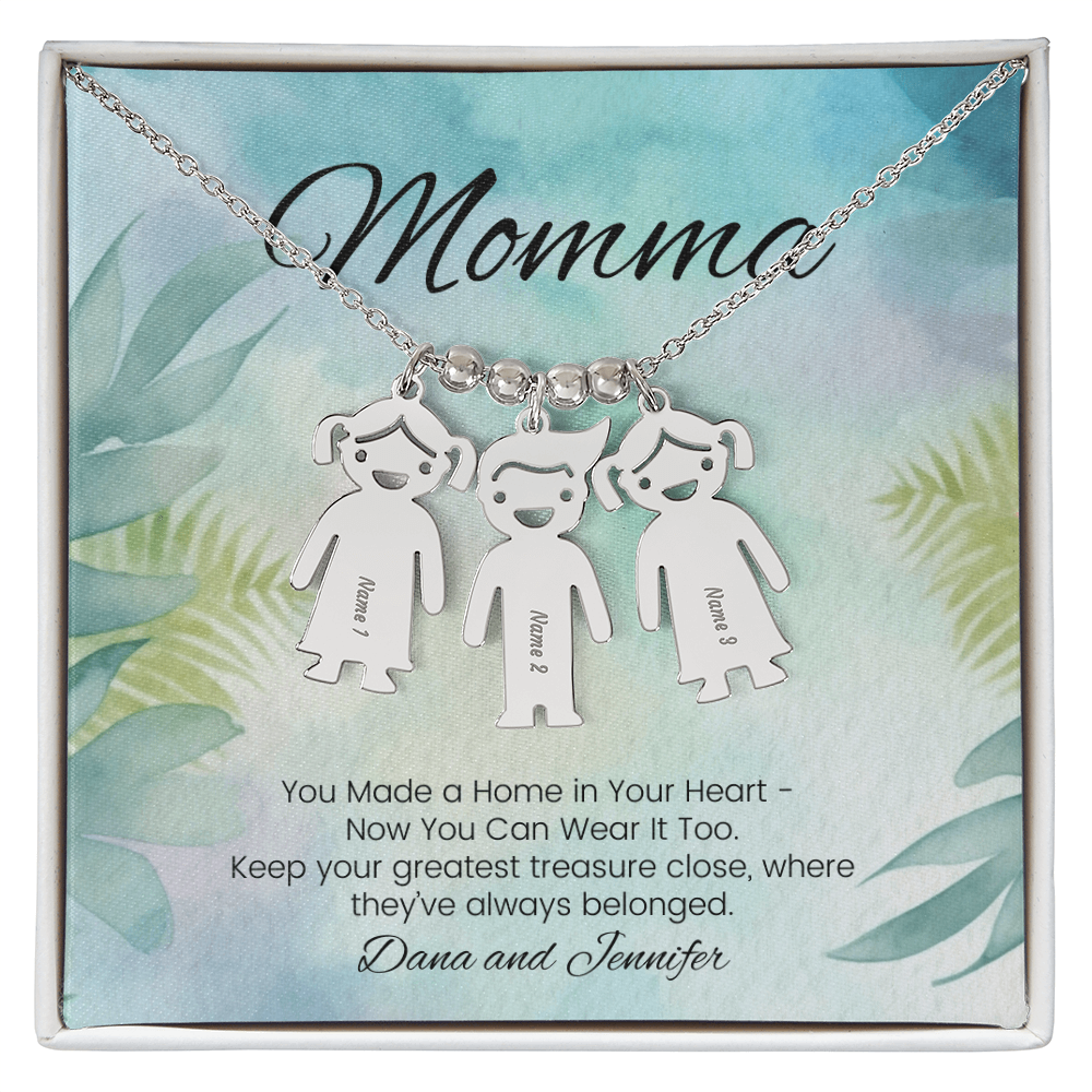 Custom necklace with kids’ names – engraved with message “You Made a Home in Your Heart”