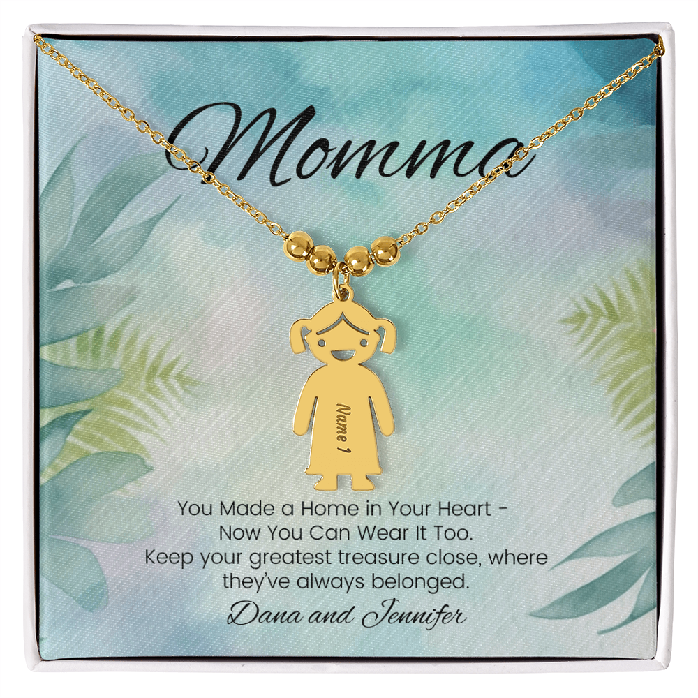 Custom necklace with kids’ names – engraved with message “You Made a Home in Your Heart”