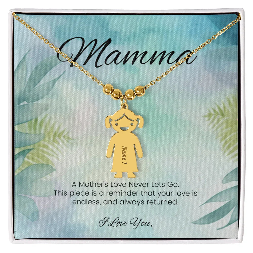 A Mother's Love Never Lets Go - Engraved Kids Charm Necklace for Grandma or Caregiver