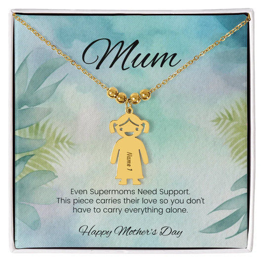 Even Supermoms Need Support - Engraved Kids Charm Necklace for Mom or Grandma