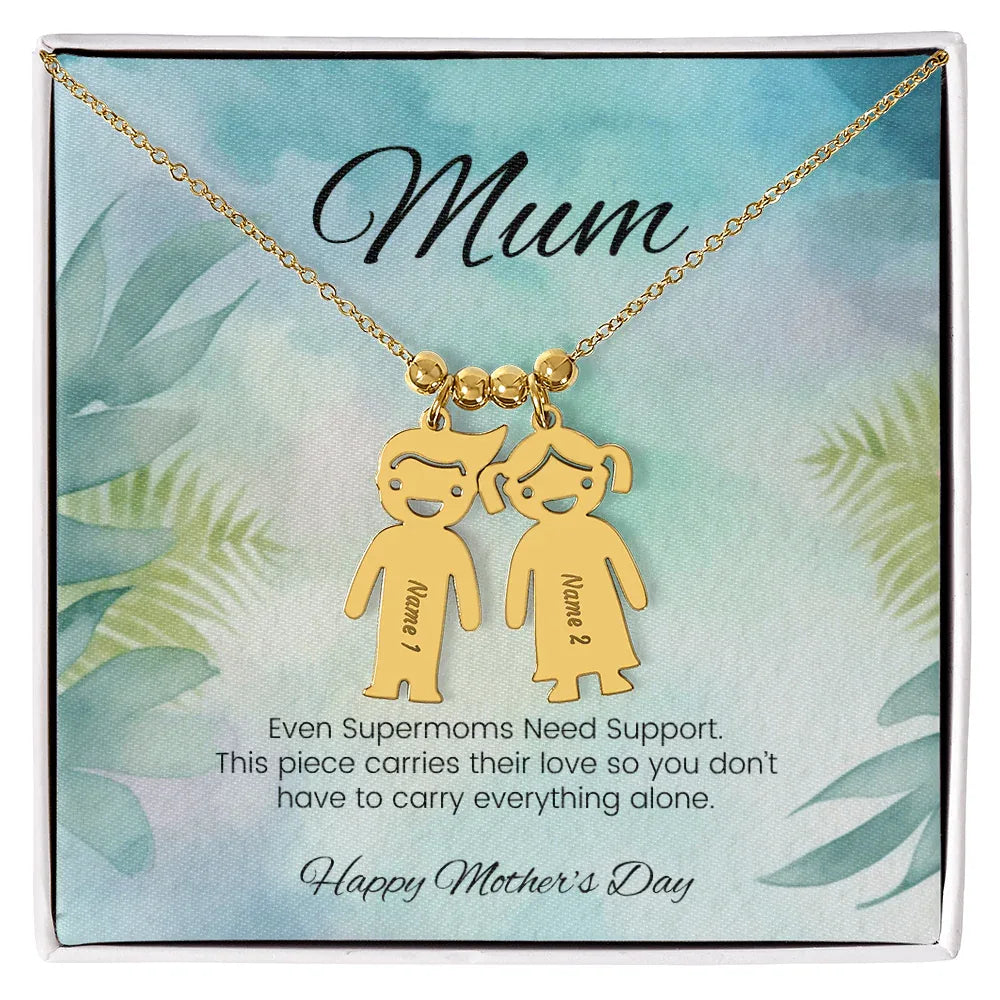 Even Supermoms Need Support - Engraved Kids Charm Necklace for Mom or Grandma