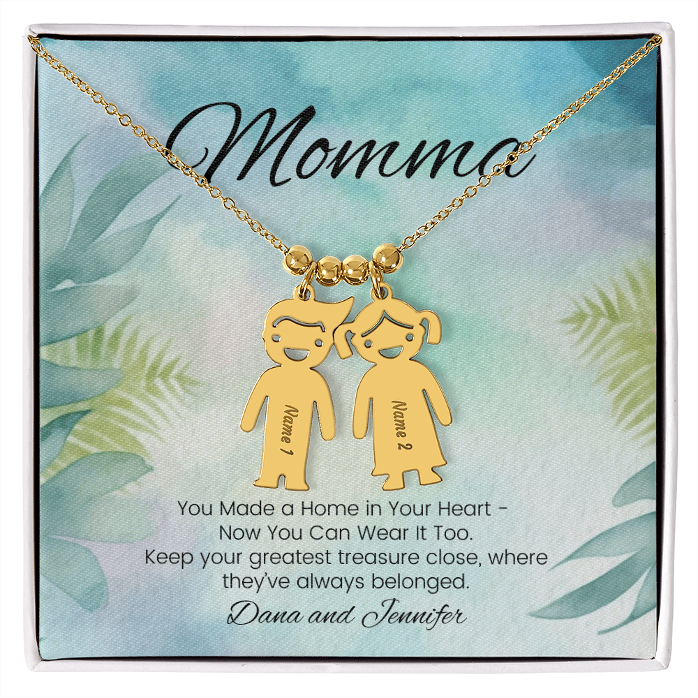 Custom necklace with kids’ names – engraved with message “You Made a Home in Your Heart”
