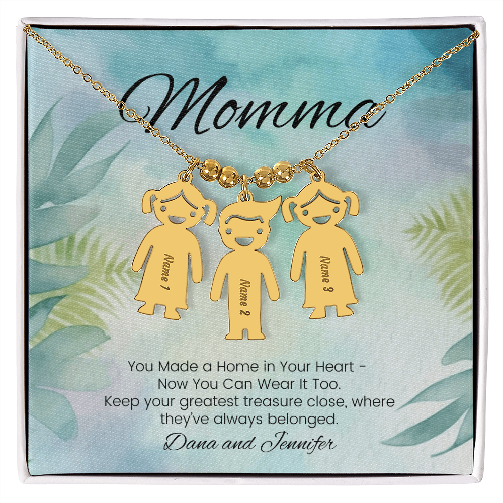 Custom necklace with kids’ names – engraved with message “You Made a Home in Your Heart”