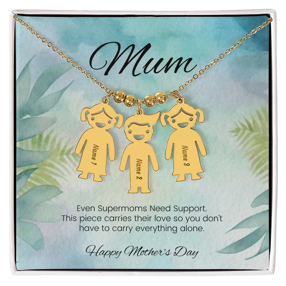 Even Supermoms Need Support - Engraved Kids Charm Necklace for Mom or Grandma