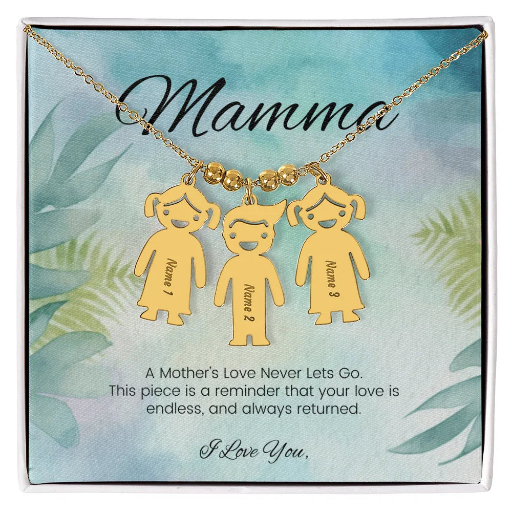 A Mother's Love Never Lets Go - Engraved Kids Charm Necklace for Grandma or Caregiver