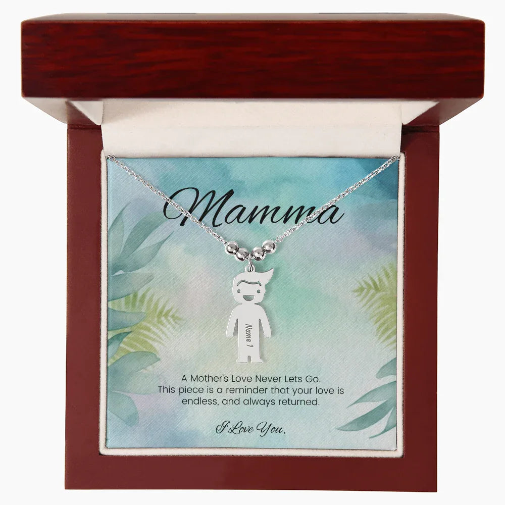 A Mother's Love Never Lets Go - Engraved Kids Charm Necklace for Grandma or Caregiver