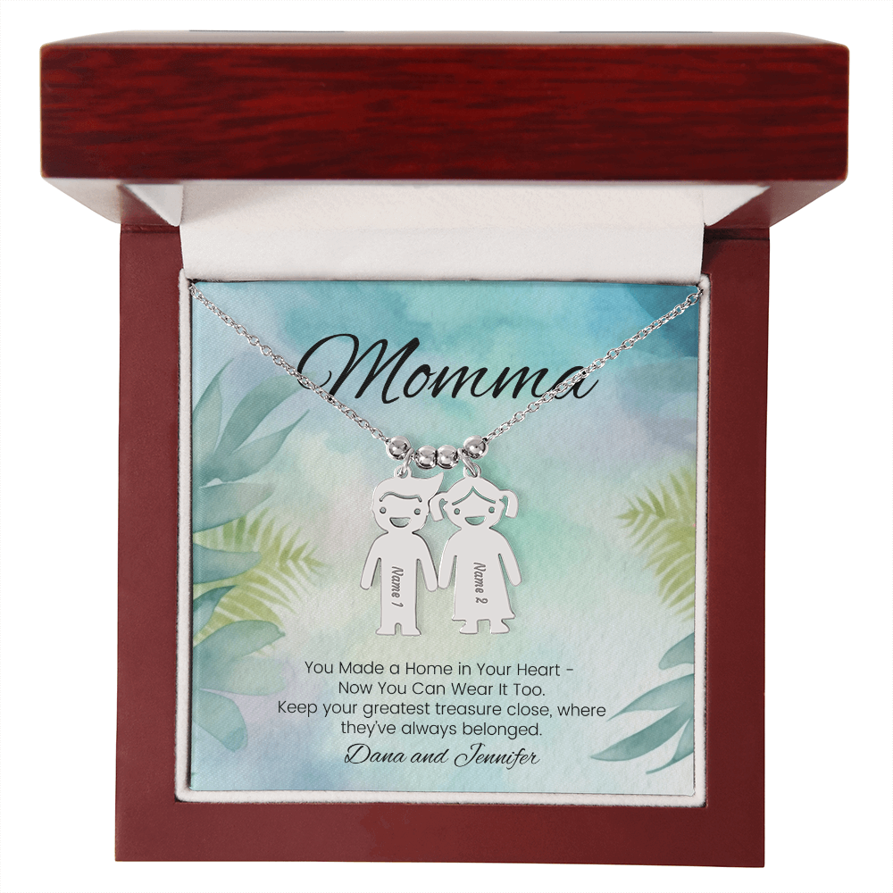 Custom necklace with kids’ names – engraved with message “You Made a Home in Your Heart”