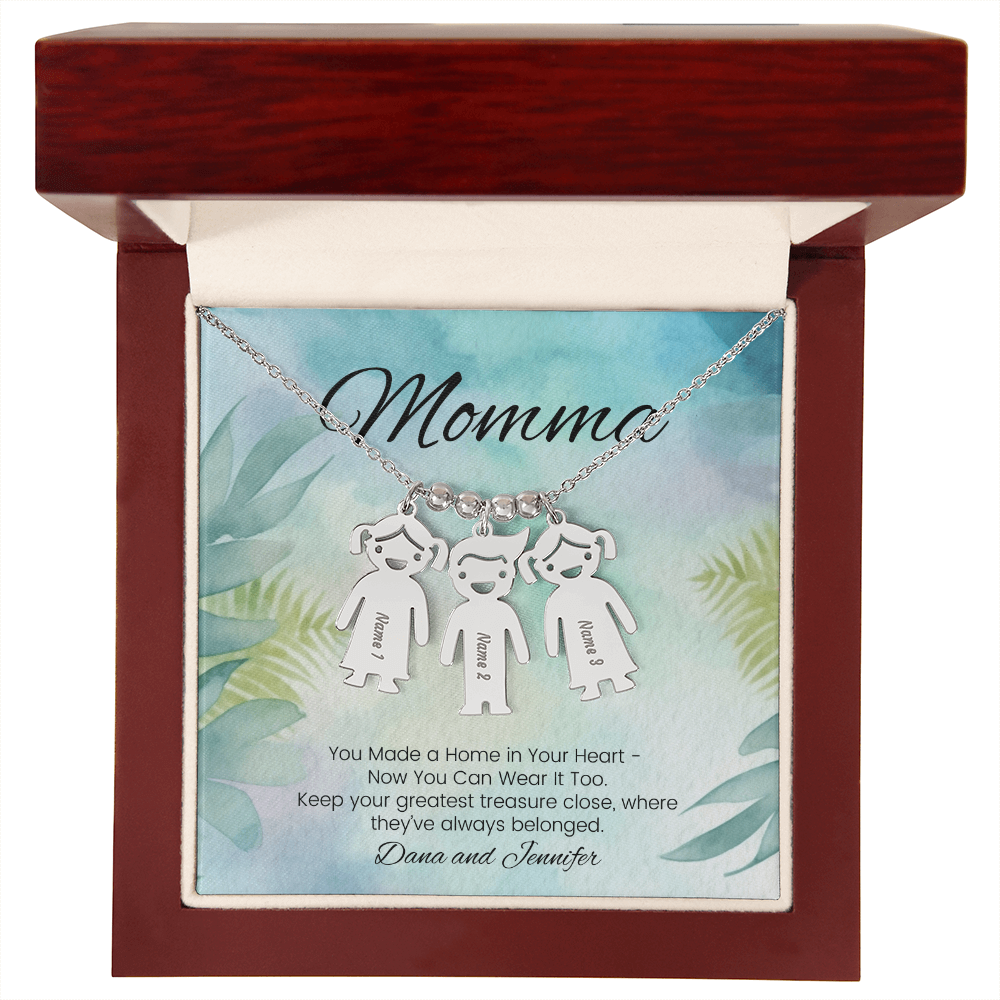 Custom necklace with kids’ names – engraved with message “You Made a Home in Your Heart”