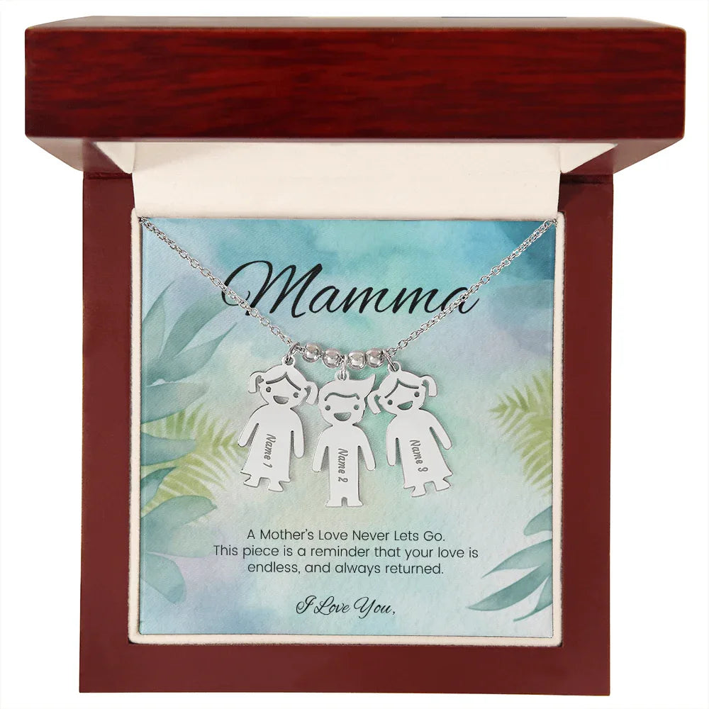 A Mother's Love Never Lets Go - Engraved Kids Charm Necklace for Grandma or Caregiver