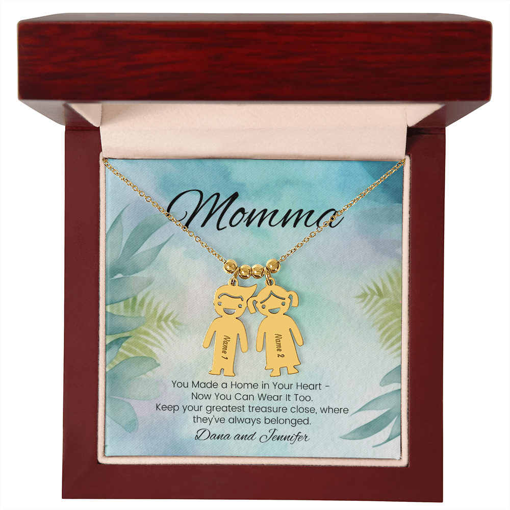 Custom necklace with kids’ names – engraved with message “You Made a Home in Your Heart”