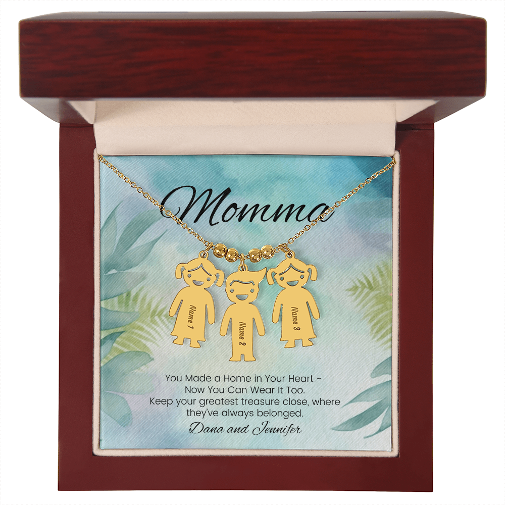 Custom necklace with kids’ names – engraved with message “You Made a Home in Your Heart”