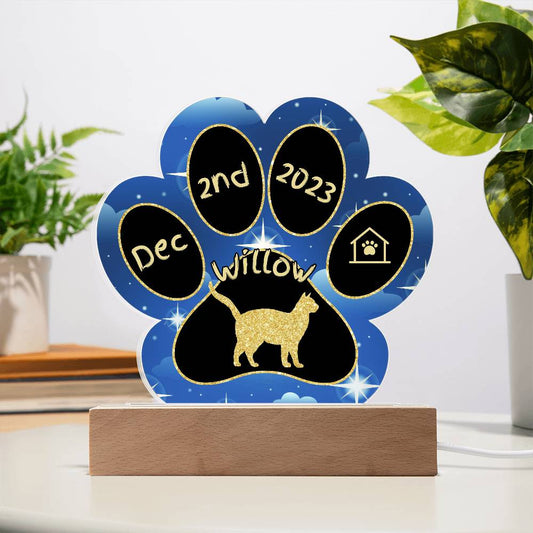 Snowshoe cat 7 inch Gotcha Day plaque with custom paw print in acrylic