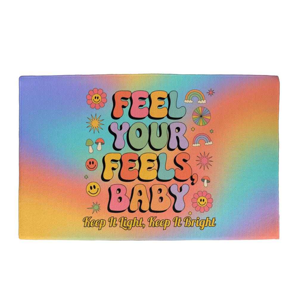 Feel Your Feels, Baby retro 70s welcome mat, self-care entry rug for home or office - MySisterIsASurvivor