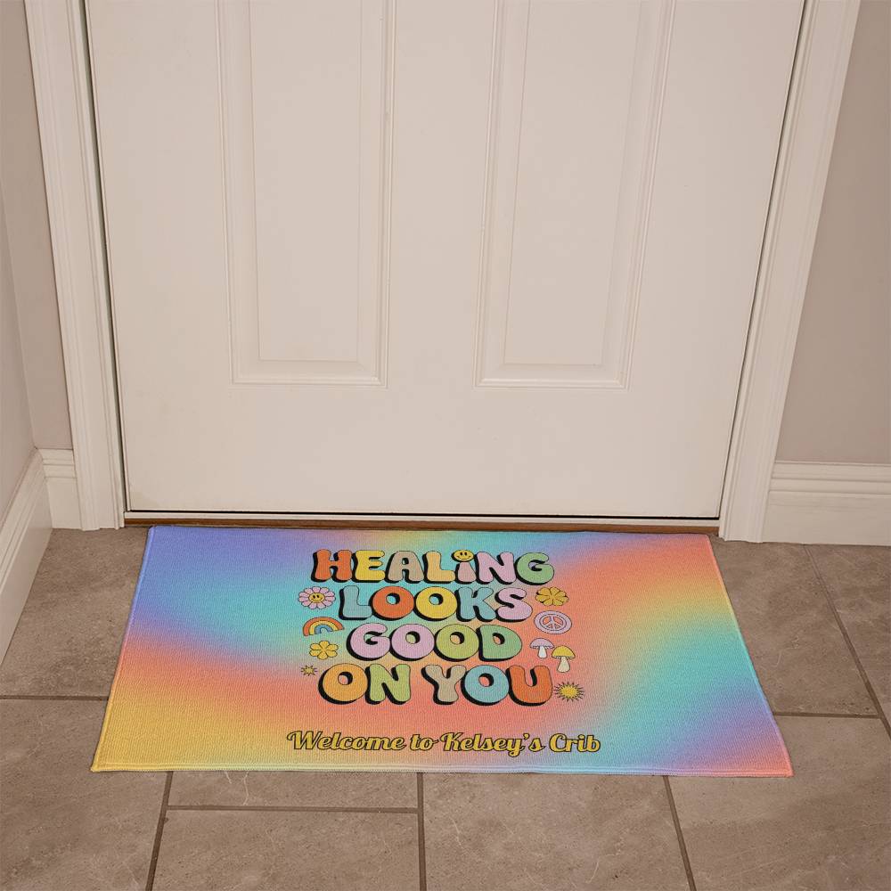 Healing Looks Good on You custom retro affirmation welcome mat mental health rug - MySisterIsASurvivor